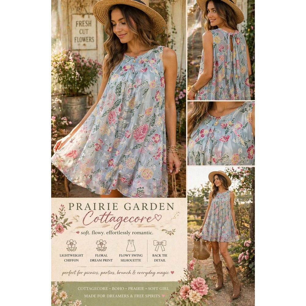 Prairie Garden Cottagecore Floral Blue Chiffon Swing Dress Back Tie Boho 12P